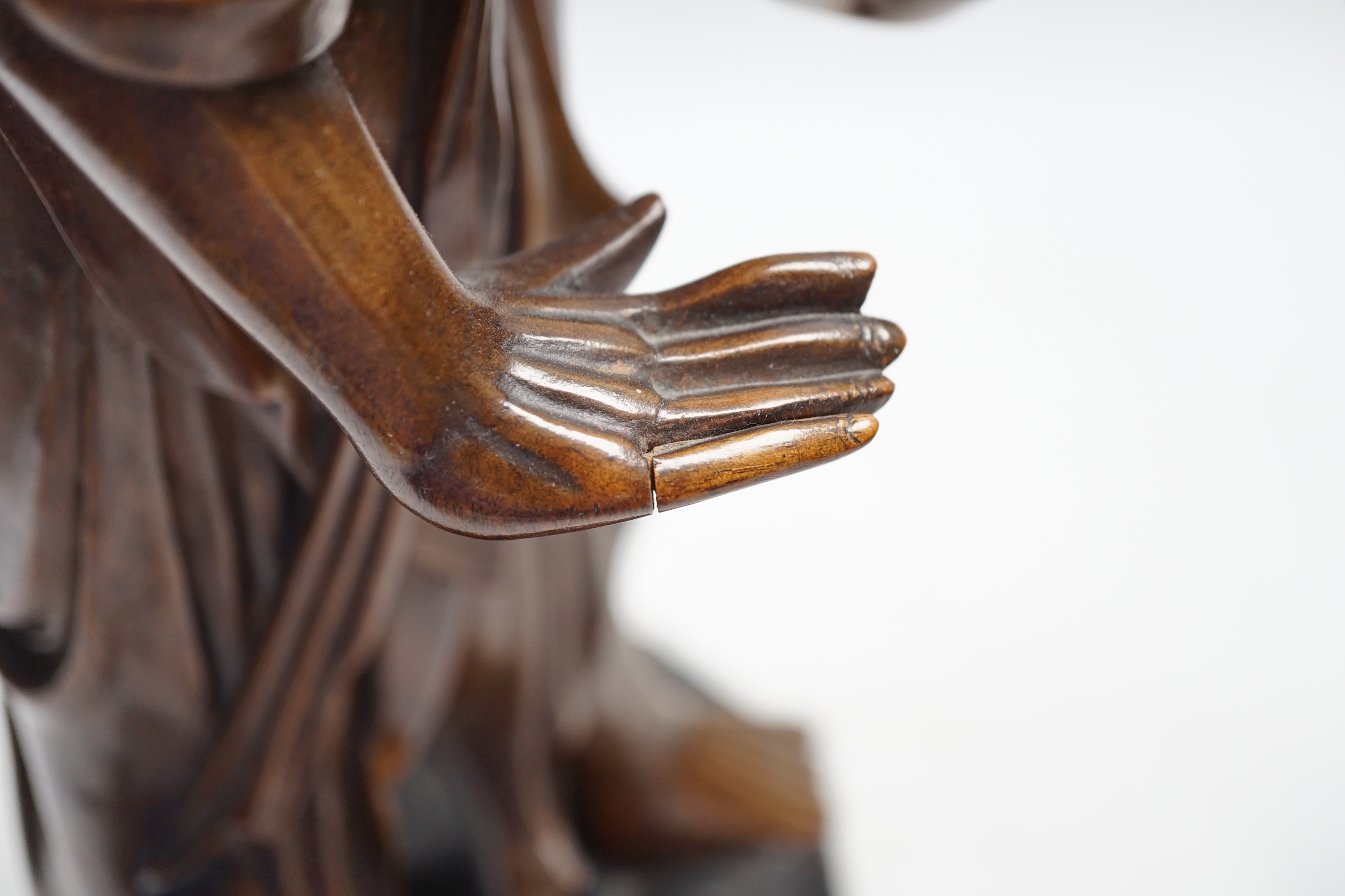 A Chinese carved wood figural table lamp, 43cm total